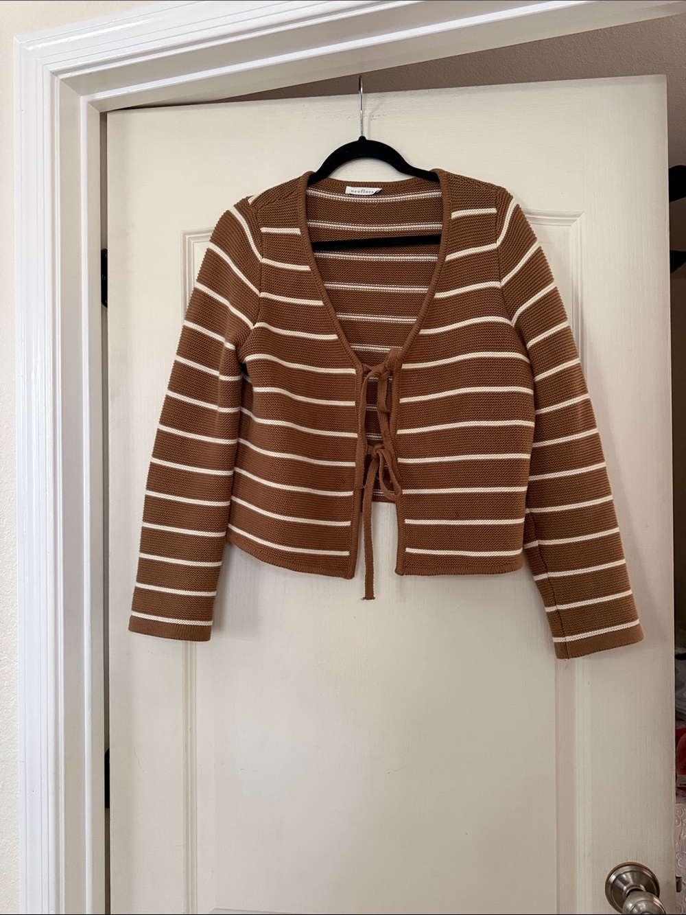 Striped Tie-Front Cropped Cardigan Sweater - Brown & White 100% Cotton